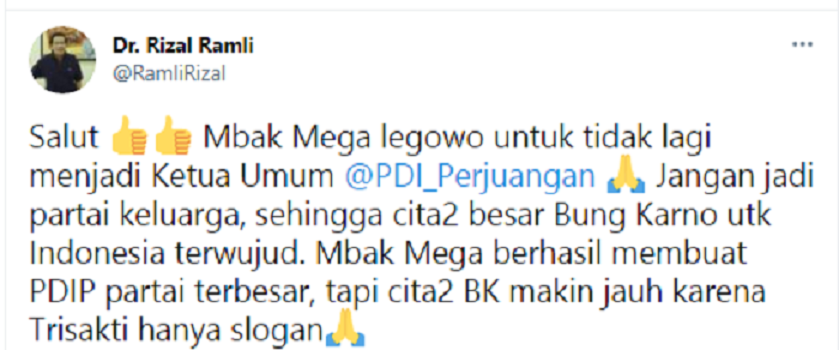 Rizal Ramli memberikan pujian terhadap Megawati Soekarnoputri yang tidak lagi menjadi Ketua Umum PDIP.*