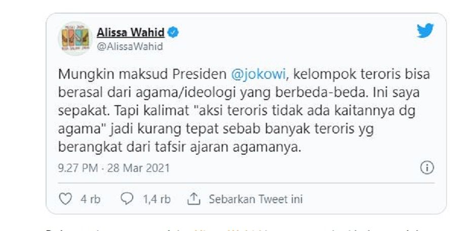 Putri mendiang Presiden Gus Dur, Alissa Wahid meluruskan pernyataan Presiden Joko Widodo (Jokowi).
