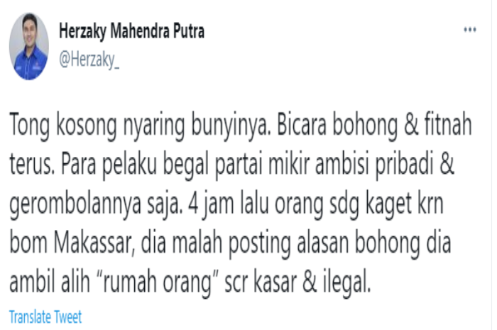 Kepala Bakomstrat DPP Demokrat Herzaky Mahendra Putra menyebut pernyataan KSP Moeldoko seperti tong kosong nyaring bunyinya.*