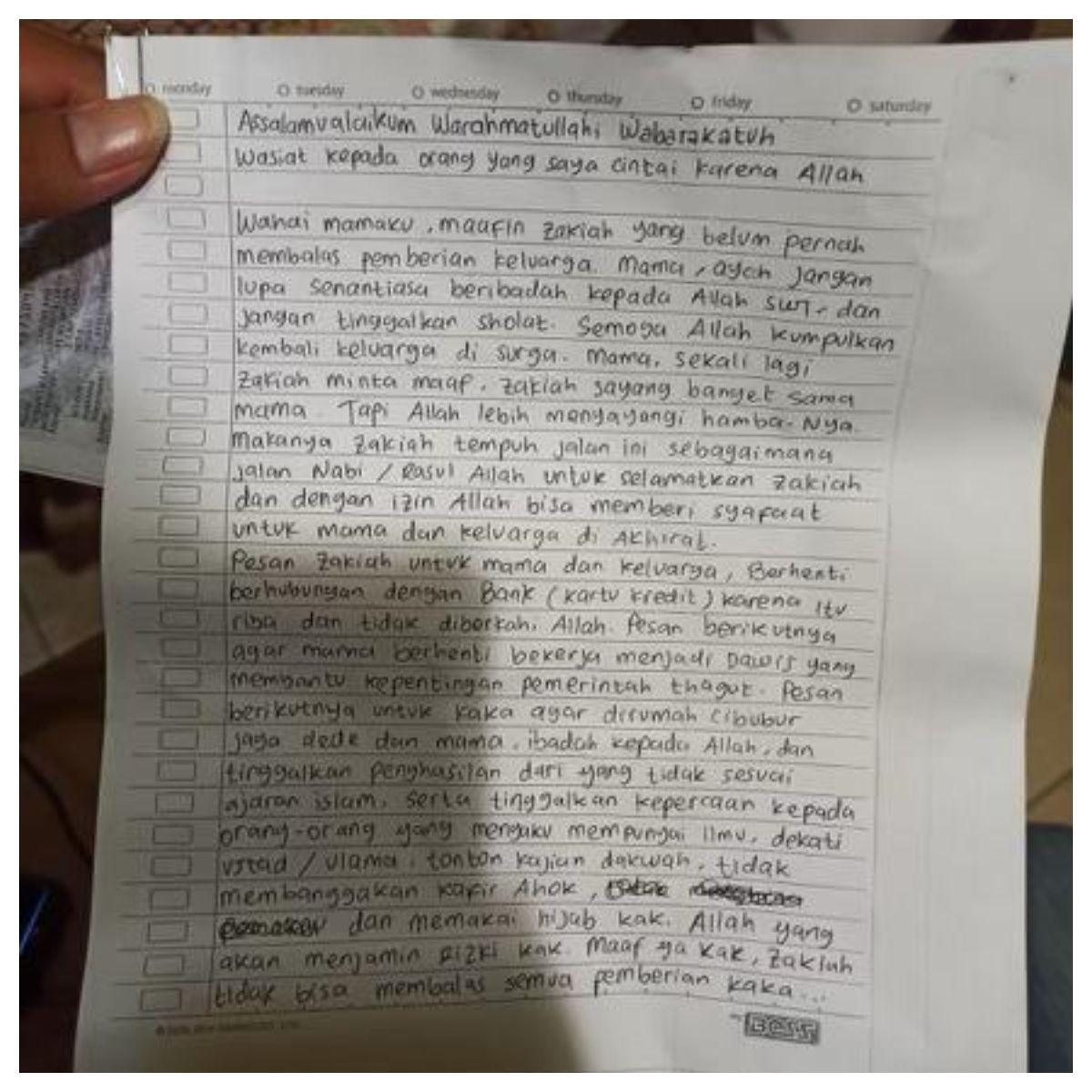 Surat wasit pelaku penyerangan Mabes Polri/Handout