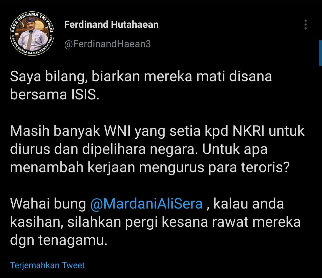Cuitan Ferdinand Hutahaean yang respons pernyataan Mardani Ali Sera soal WNI eks ISIS.