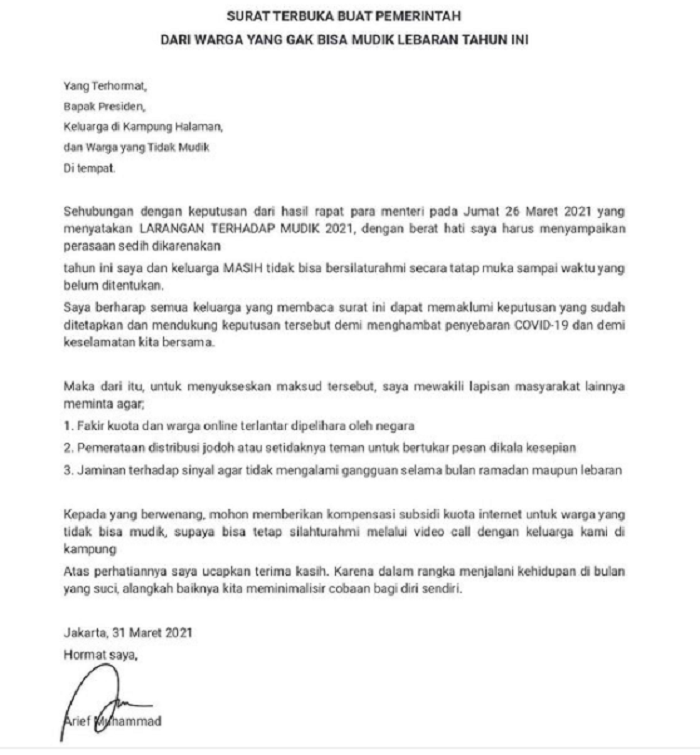 Surat terbuka Arief Muhammad kepada Pemerintah.*