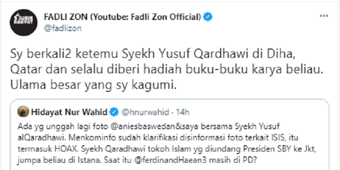 Fadli Zon menanggapi tudingan jika Anies Baswedan dan Hidayat Nur Wahid berfoto bersama terduga pimpinan ISIS, Syekh Qaradhawi.*