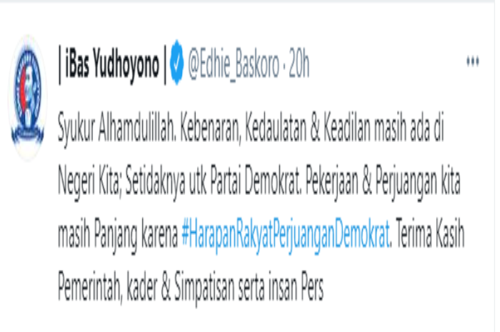 Cuitan Ibas Yudhoyono yang bersyukur atas ditolaknya hasil KLB Demokrat Deli Serdang oleh pemerintah.*