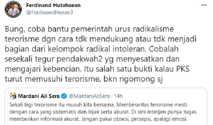 Ferdinand Hutahaean menyoroti pernyataan Mardani Ali Sera yang mengajak untuk memberantas terorisme.*