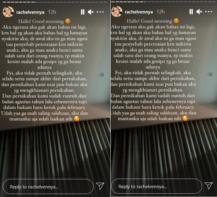 Tangkapan layar Instagram story Rachel Vennya soal kabar perceraiannya.