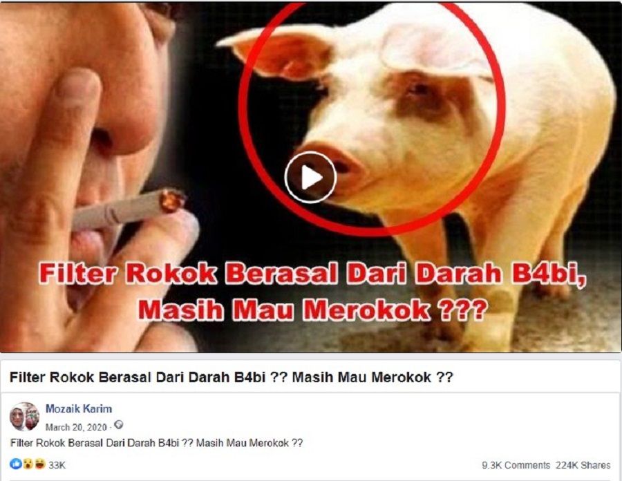 tangkapan layar akun facebook Mozaik Karim "Filter rokok berasal dari darah babi"