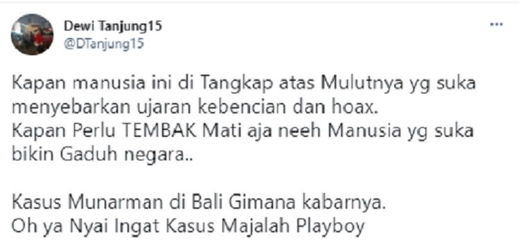 Dewi Tanjung mengaku geram dengan pernyataan Munarman yang menyebut prihati pelaku teror Mabes Polri, Zakiah Aini (ZA) ditembak mati.*