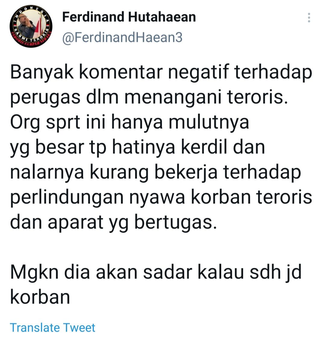 Cuitan Ferdinand Hutahaean yang merespons pernyataan Haris Azhar soal pelaku teror di Mabes Polri Zakiah Aini.