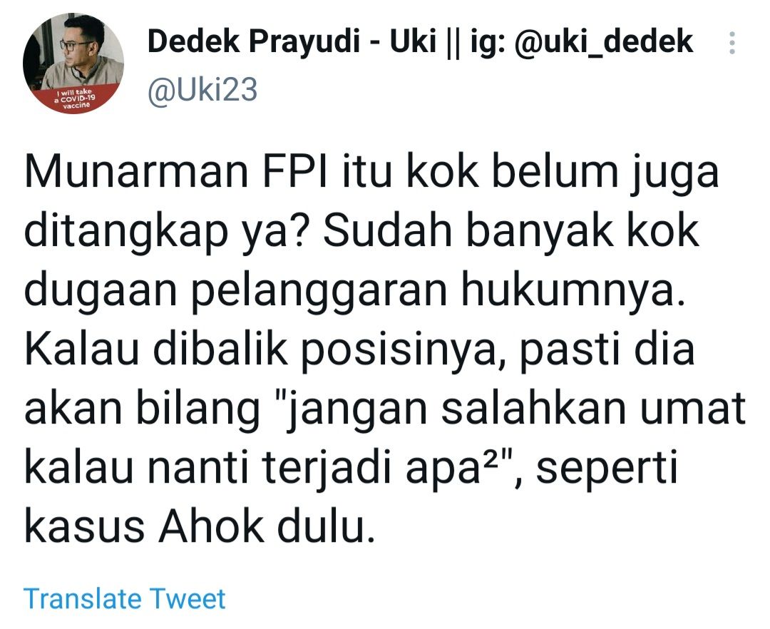 Cuitan Dedek Prayudi yang respons pernyataan Munarman.