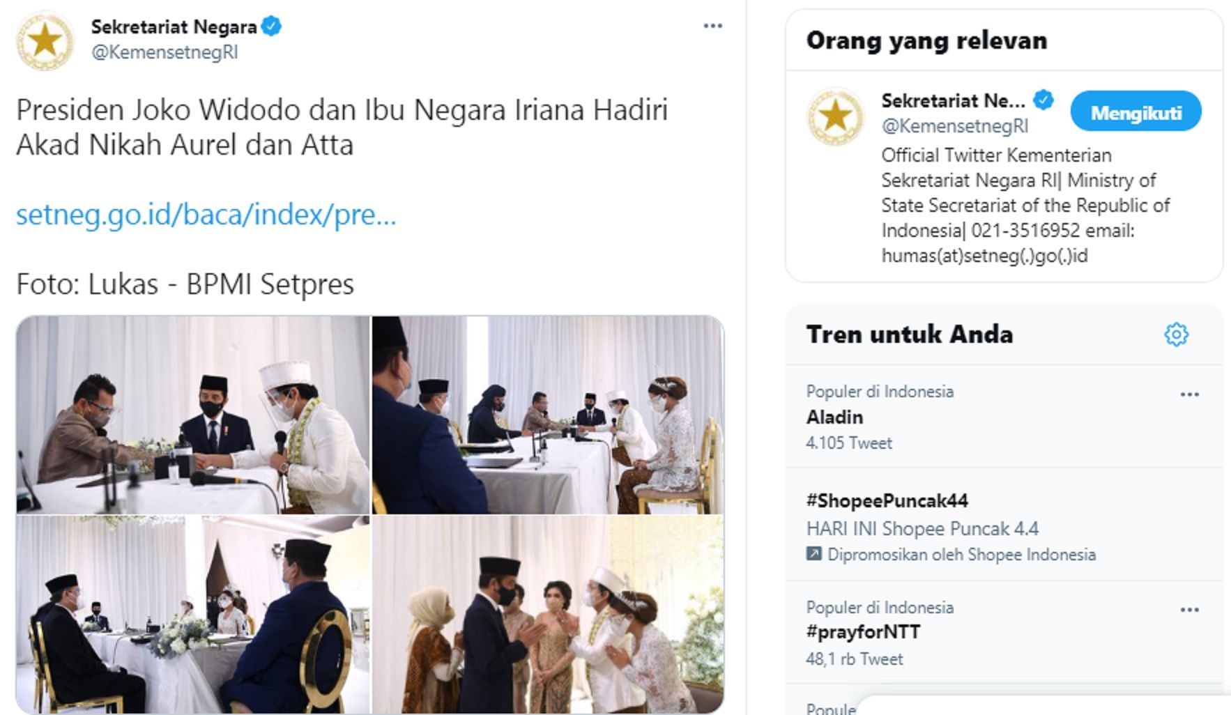 Warganet menyerbu akun twitter Sekretariat Negara atau @KemensetnegRI karena turut memposting prosesi pernikahan Youtuber Atta Halilintar dengan Aurel Hermansyah yang dihadiri Presiden Joko Widodo.