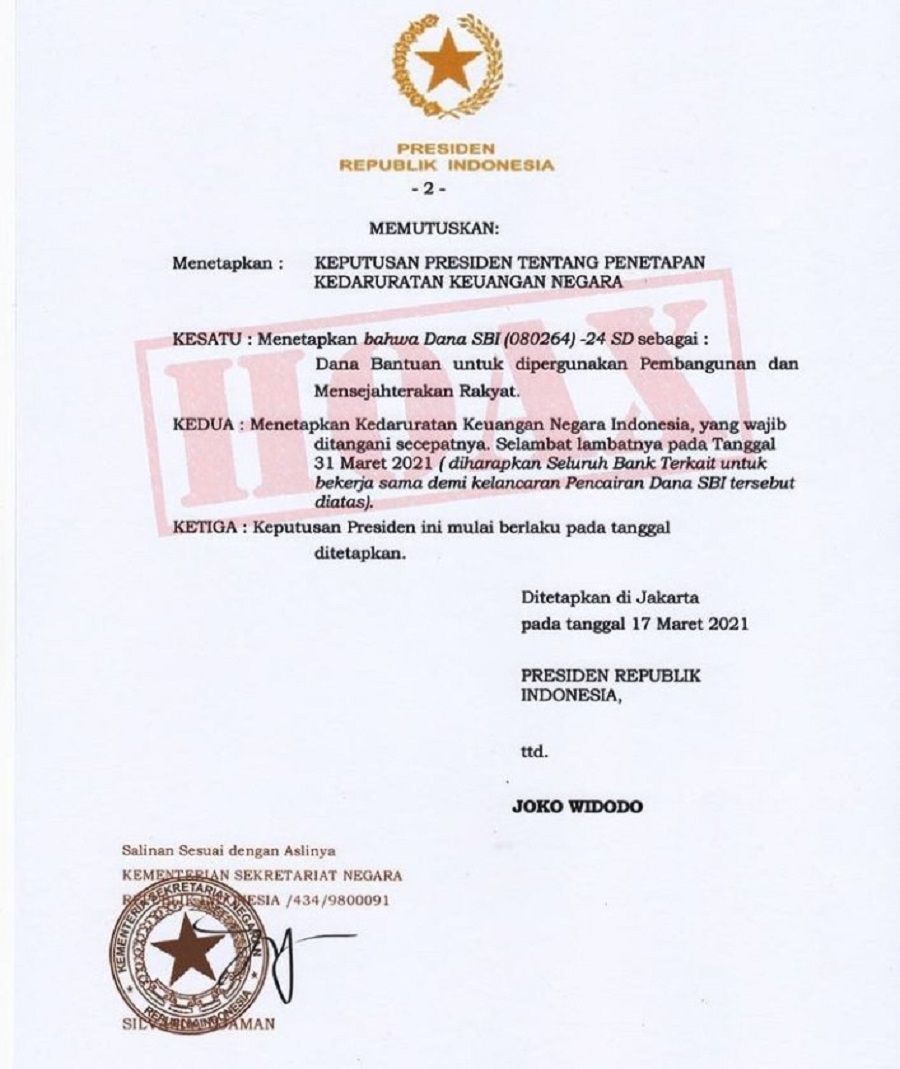 tangkapan layar Surat Keputusan Presiden Tentang Penetapan Kedaruratan Keuangan Negara