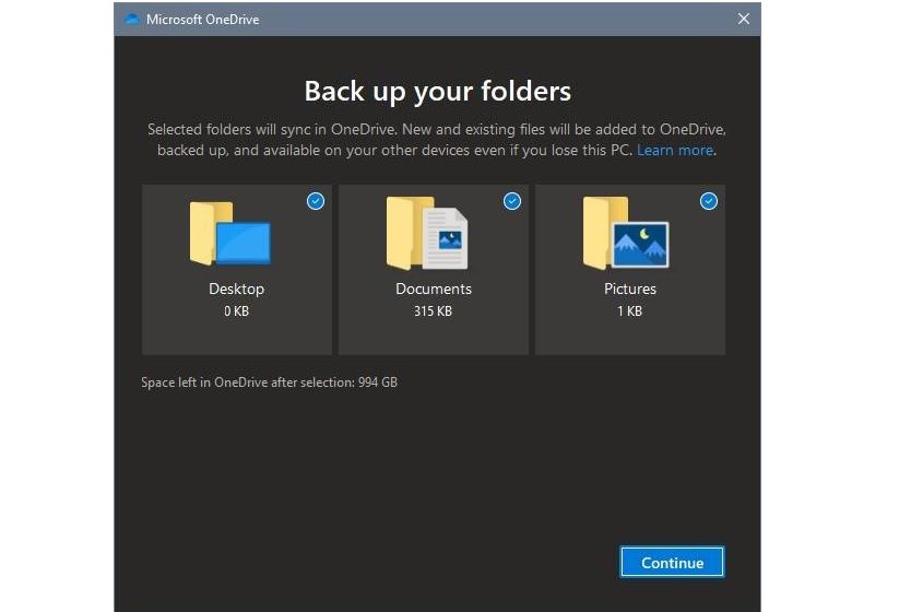 Saat Anda masuk ke OneDrive untuk pertama kalinya, Anda mendapatkan opsi untuk mencadangkan folder sistem ini ke cloud.