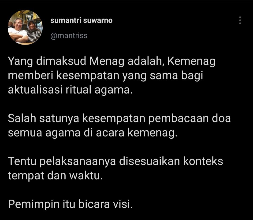 Cuitan Sumantri Suwarno yang bela Menag Gus Yaqut yang dikritik Anwar Abbas soal doa semua agama.