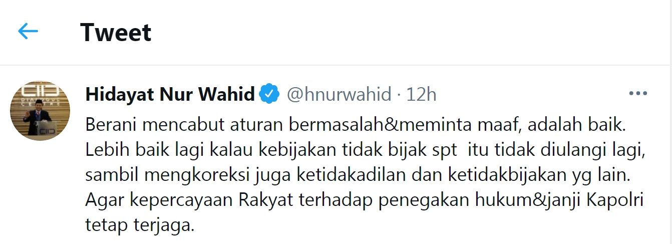 Tangkapan layar cuitan Hidayat Nur Wahid (HNW)./Twitter/@hnurwahid