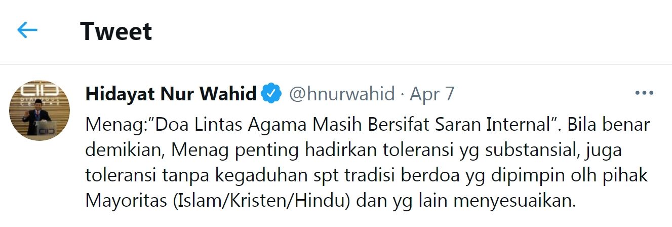 Tangkapan layar cuitan Hidayat Nur Wahid./Twitter/@hnurwahid