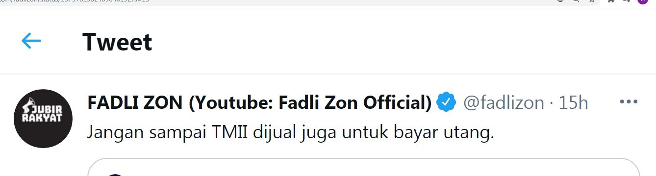 Tangkapan layar cuitan Fadli Zon./Twitter/@fadlizon