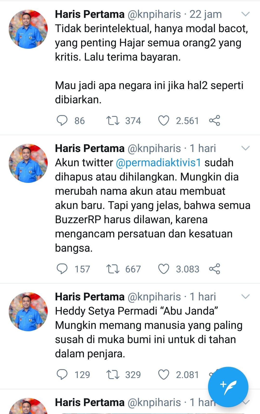 Cuitan Ketua Umum Komite Nasional Pemuda Indonesia (KNPI) Haris Pertama menyoroti hilangnya akun Twitter AbubJanda. 