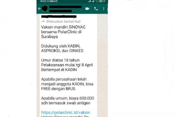 Tangkapan layar hoaks soal vaksinasi mandiri menggunakan Sinovac dan dikenakan Rp600.000 (whatsapp)