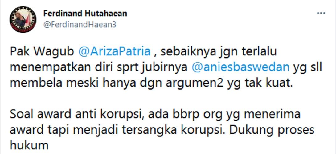 HMI Demo Anies, Ferdinand Hutahaean Sarankan Wagub Riza Dukung Proses Hukum