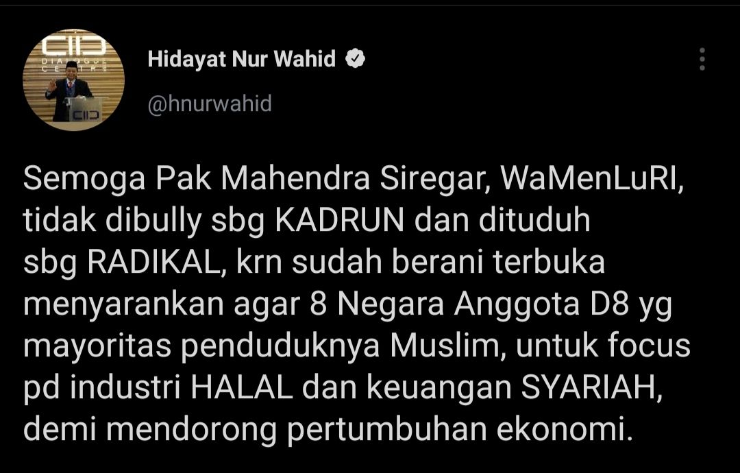 Cuitan Hidayat Nur Wahid yang respons Wamenlu RI, Mahendra Siregar yang dorong negara D-8 fokus di industri halal.