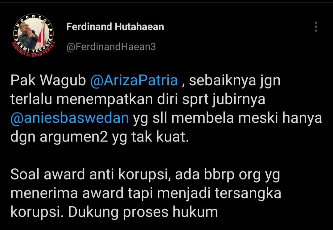 Cuitan Ferdinand Hutahaean yang merespons pernyataan Ahmad Riza Patria soal korupsi.