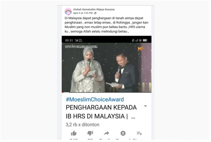 Beredar narasi hoaks yang menyebut Habib Rizieq mendapatkan penghargaan Muslim Choice Award di Malaysia saat dihina di Indonesia.