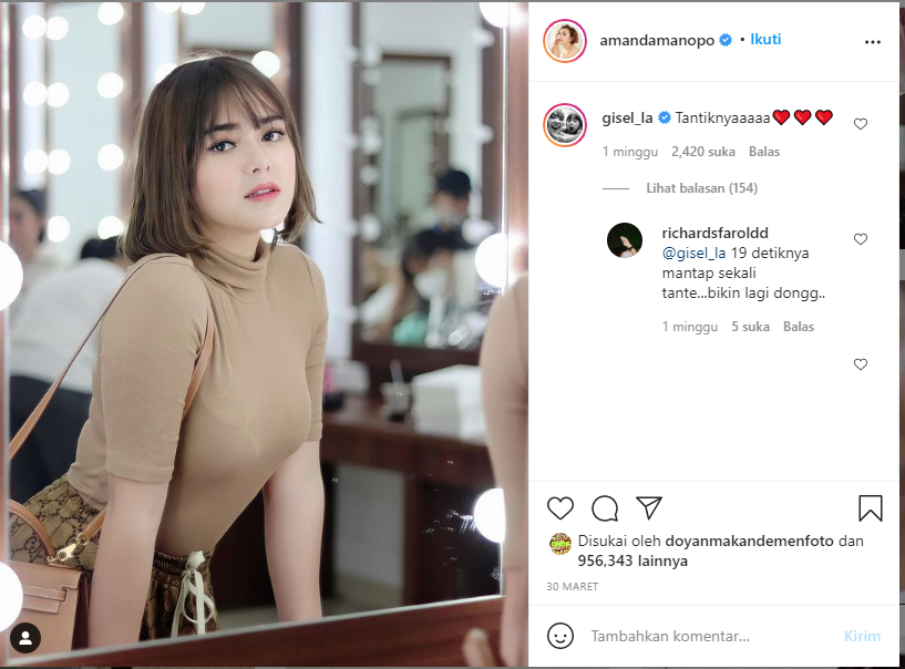 Netizen mengungkit kasus video syur usai Gisel mengomentari foto Amanda Manopo dan menyebut dirinya cantik.*