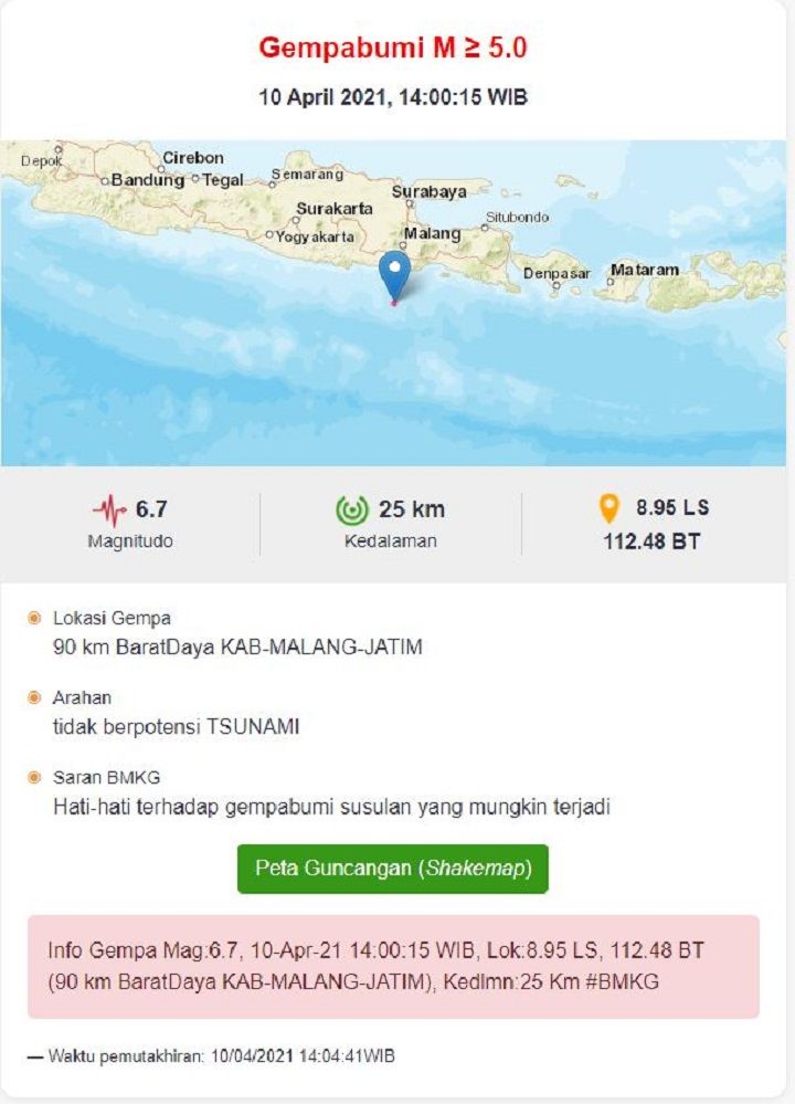 Gempa bumi guncang Malang, Jawa Timur.