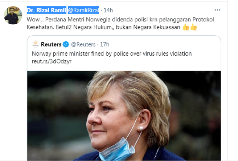 Polisi Norwegia Denda Perdana Menterinya karena Melanggar Prokes, Rizal Ramli: Betul-Betul Negara Hukum!