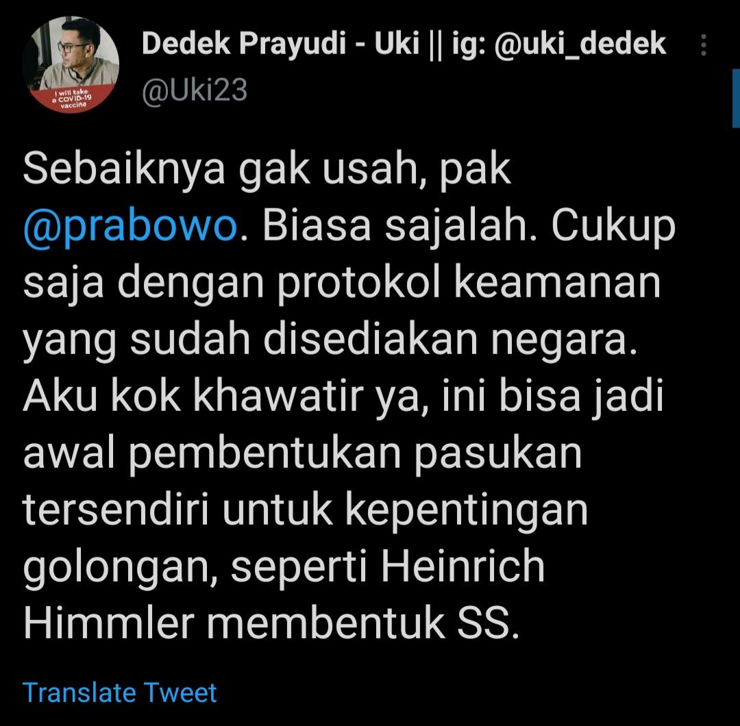 Cuitan Dedek Prayudi yang respons Menhan Prabowo bentuk pasukan Delwansus untuk Kemenhan.