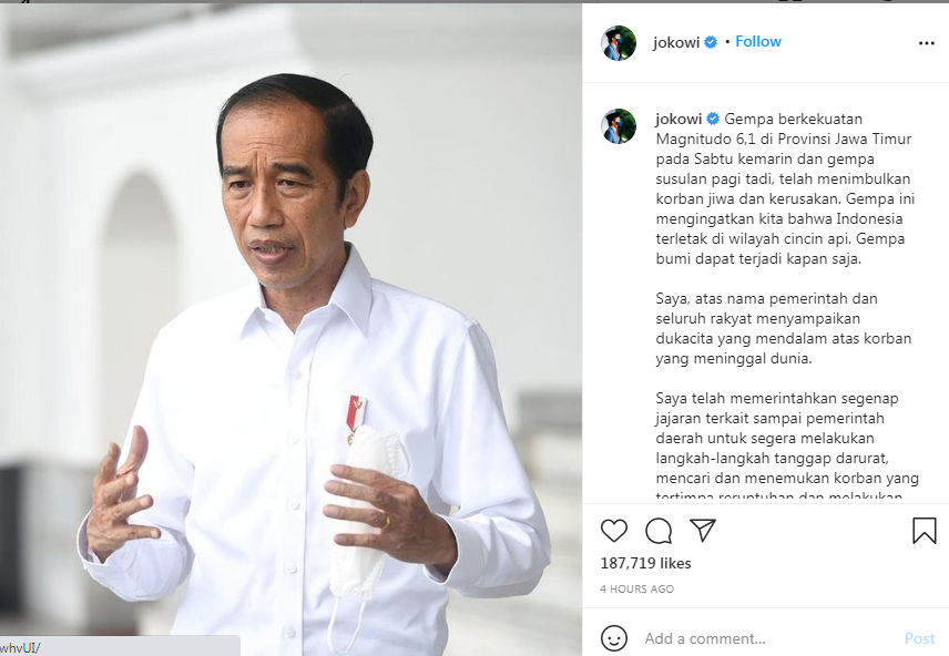 Turut Berduka Cita, Presiden Jokowi Sampaikan Kabar Duka atas Korban Meninggal Dunia Akibat Gempa di Jatim