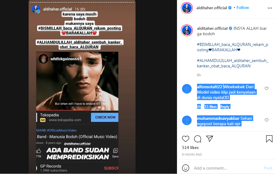 Waduh! Aldi Taher Posting Judul Lagu Ada Band yang Bertajuk 'Manusia Bodoh', Netizen Banyak yang Nyinyir
