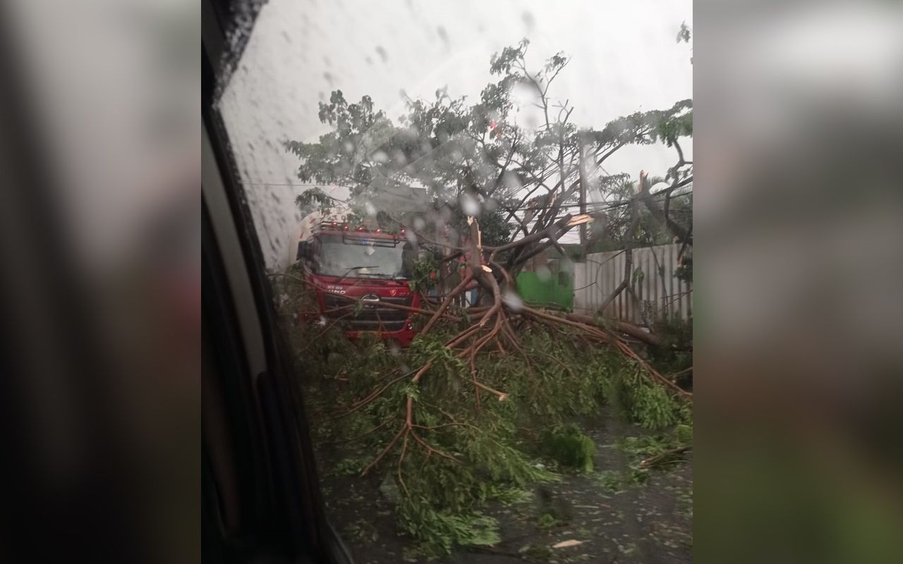 Truk tanki Pertamina yang tertimpa pohon tumbang di jalur Bojongsoang arah Bandung sekira pukul 13:30 WIB, 11 April 2021