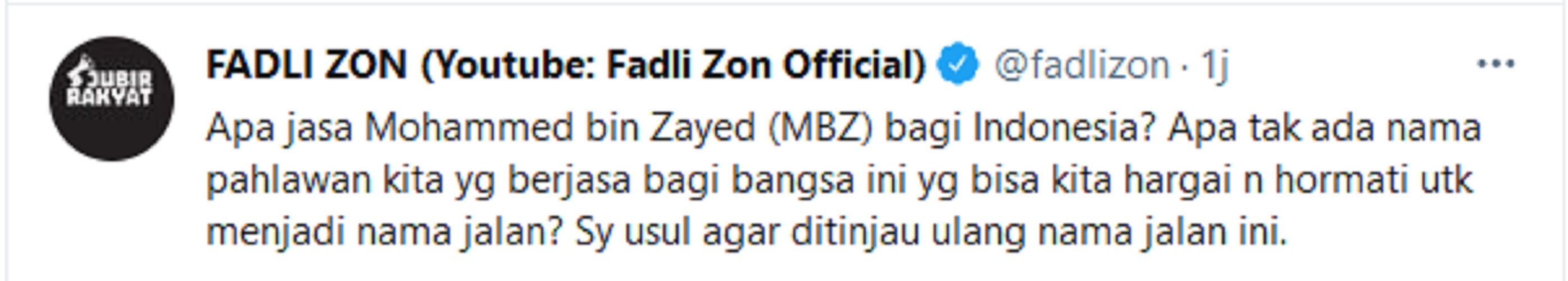 Fadli Zon Tanggapi Pergantian Nama Tol Layang Japek: Apa Jasa Mohammed Bin Zayed (MBZ) bagi Indonesia