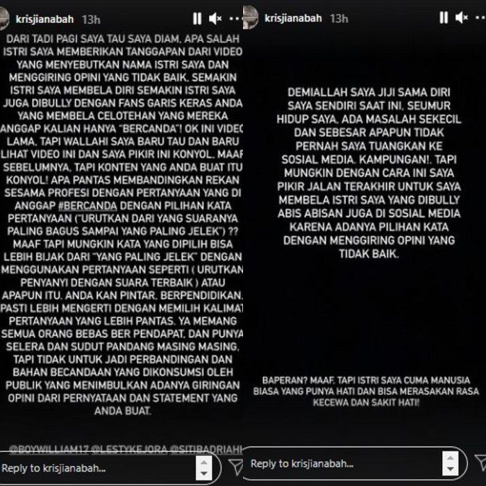Unggahan Intagram Story milik Krisjiana Baharudin suami Siti Badriah yang menanggapi pengakuan dari Lesty Kejora.