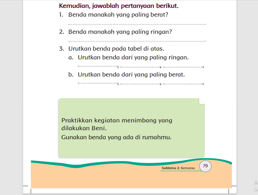 Kunci Jawaban Tema 8 Kelas 1 Halaman 75 76 77 78 79 80 81 82 83 84 Buku Tematik Benda Manakah Paling Ringan Metro Lampung News