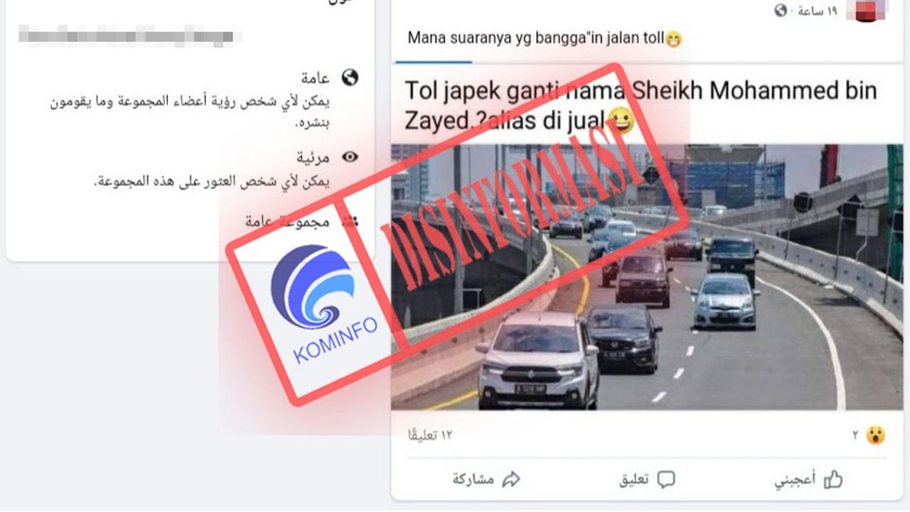 Postingan di media sosial Facebook, yang berisi sebuah tangkapan layar dari gambar jalan tol dan diiringi narasi yang mengklaim bahwa Tol Jakarta-Cikampek II (elevated) berganti nama menjadi Sheikh Mohammed bin Zayed itu alias dijual 