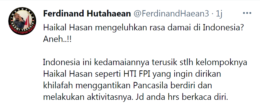 Cuitan Ferdinand Hutahaean yang merespons pernyataan Haikal Hassan.