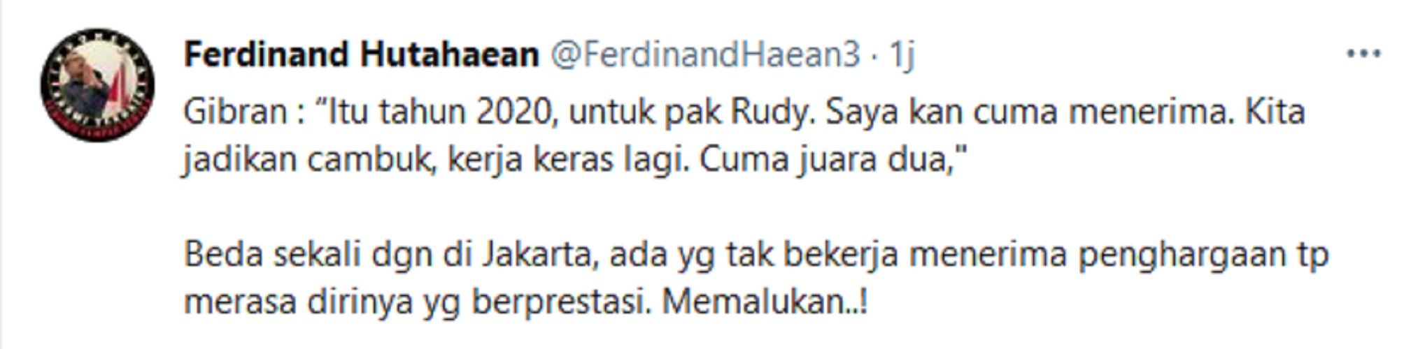   Ferdinand Bandingkan Pernyataan Gibran dengan Jakarta Saat Menerima Penghargaan untuk Kota Solo