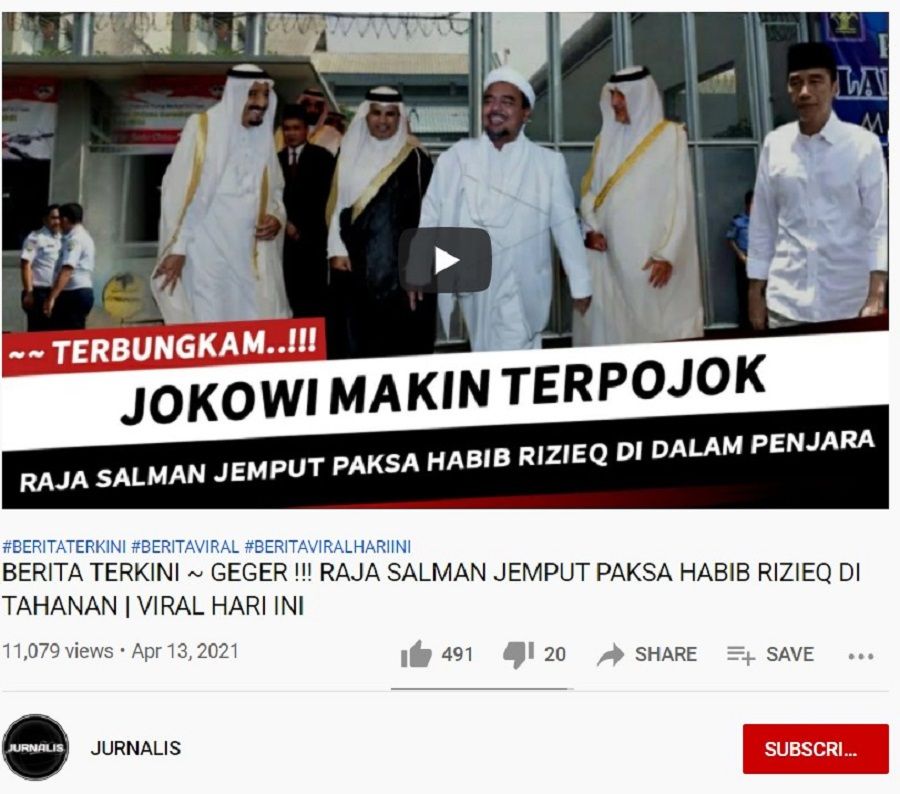 tangkapan layar kalan Youtube JURNALIS " BERITA TERKINI ~ GEGER !!! RAJA SALMAN JEMPUT PAKSA HABIB RIZIEQ DI TAHANAN | VIRAL HARI INI "