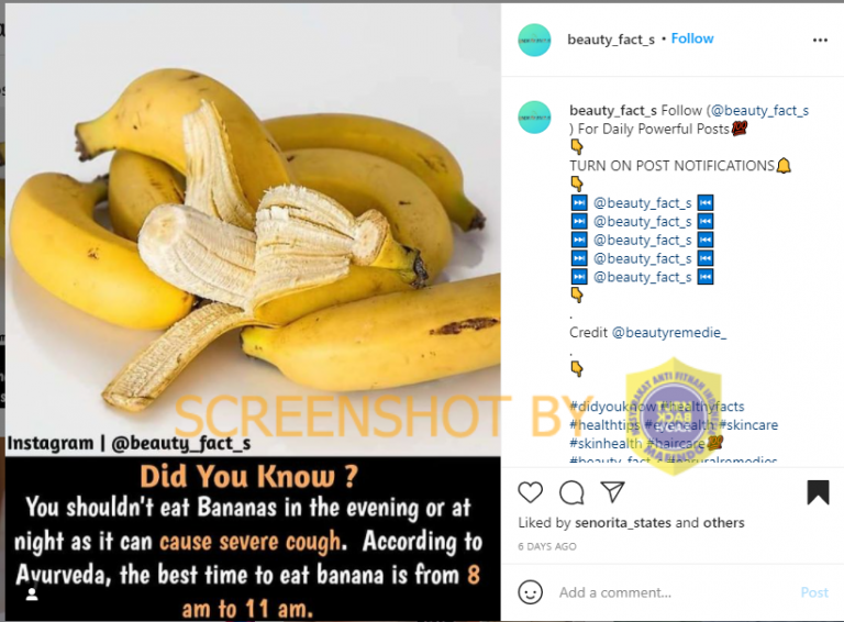HOAKS - Makan pisang pada malam hari disebut akan menyebabkan batuk. Faktanya, jika makan pisang berlebihan bisa memicu histamin berlebih.*