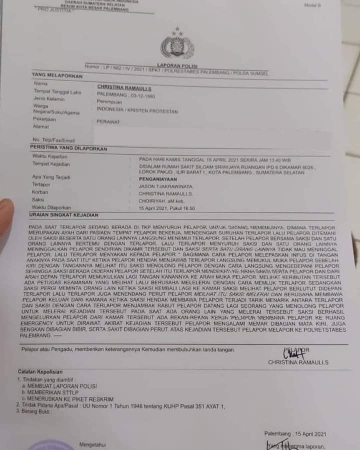 Laporan penganiayaan ini telah diterima petugas SPKT Polrestabes Palembang. /Facebook/Anthonia Adinda.