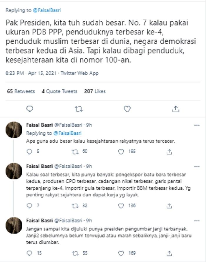 Faisal Basri menanggapi pernyataan Presiden Jokowi yang menyebut jika Indonesia masuk ke dalam 10 besar kekuatan ekonomi dunia di 2030.*