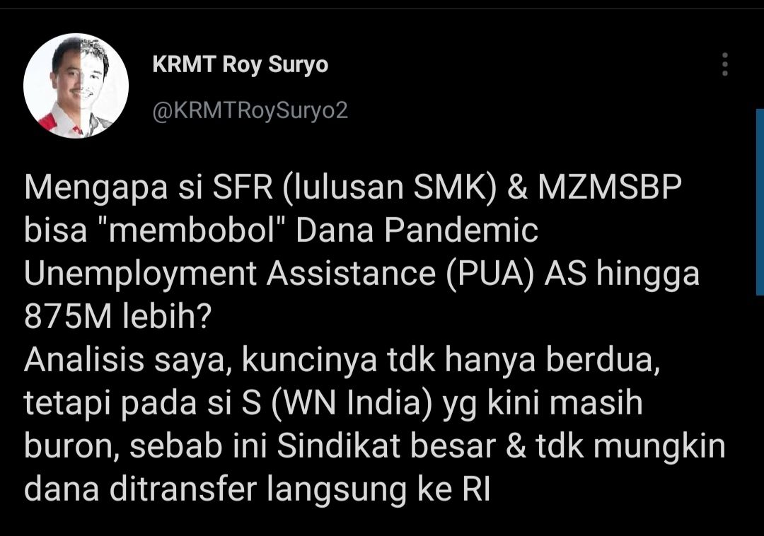 Cuitan Roy Suryo soal kabar 2 hacker Indonesia curi dana bansos AS.