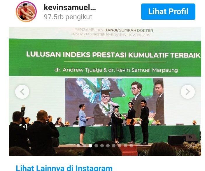Instagram Kevin Samuel membagika momen wisuda sebagai mahasiswa dengan IPK terbaik saat kuliah.