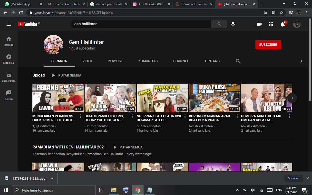 Channel Youtube Gen Halilintar ketika dibuka sudah menggunakan nama Gen Halilintar dan video yang telah hilang kembali pulih.