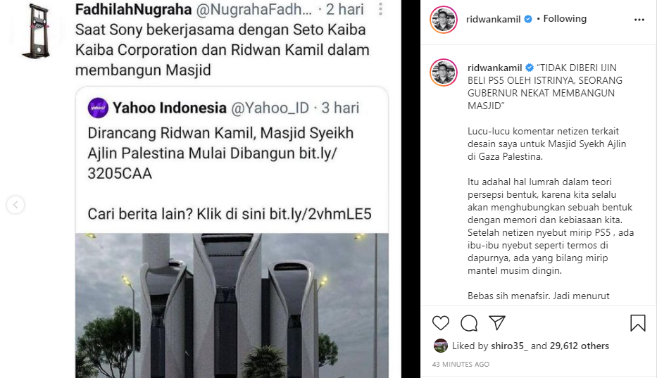  Gubernur Jawa Barat, Ridwan Kamil merespon komentar netizen soal desain masjid rancangannya di Gaza Palestina yang disebut mirip PS 5.