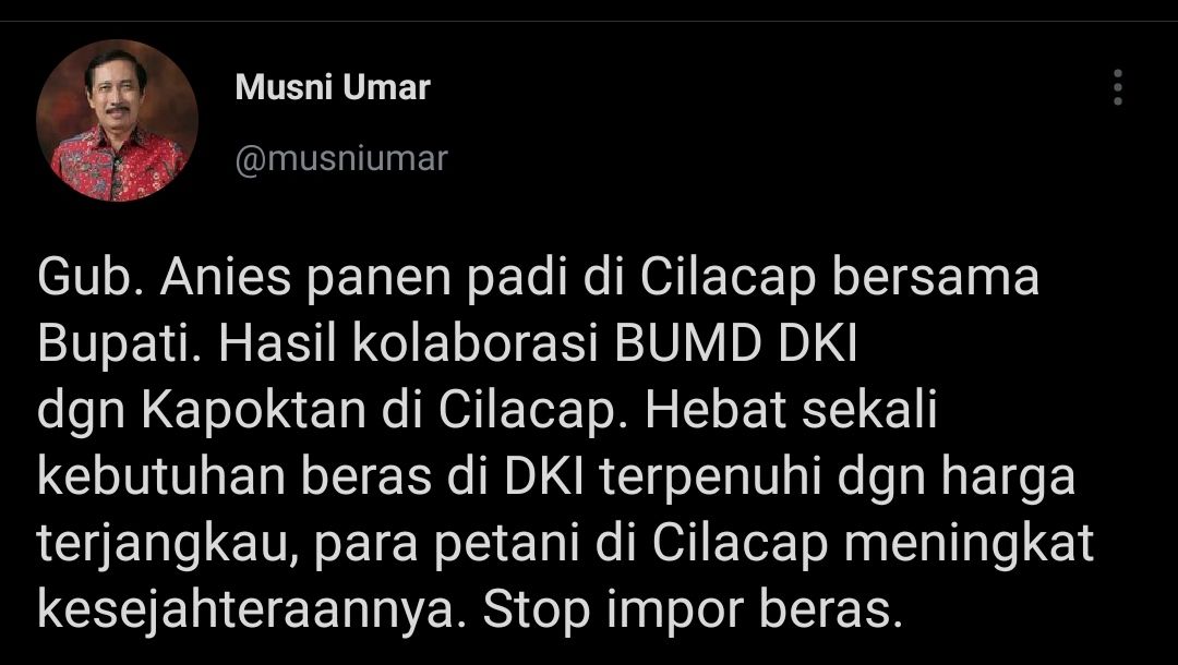 Cuitan Rektor UIC, Musni Umar yang bangga karena Gubernur DKI Jakarta, Anies Baswedan panen padi di Cilacap.