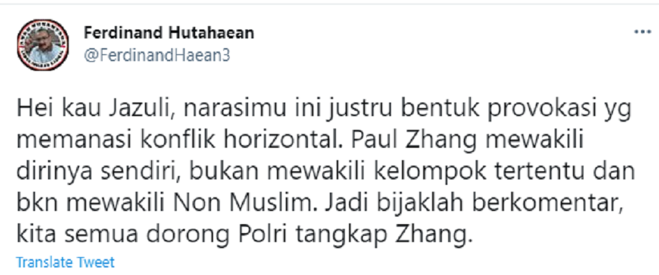 Cuitan Ferdinand Hutahaean soal pendapat Jazuli Juwaini terkait konflik horizontal pasca kasus dugaan penistaan agama youtuber Jozeph Paul Zhang.